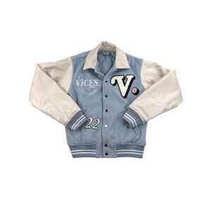 VICES - Hometown Hero Varsity Jacket in Baby Blue and Ivory